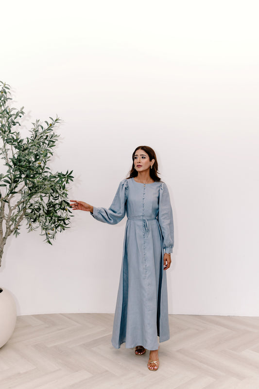 100% Linen Aira Maxi Dress - Summer Storm